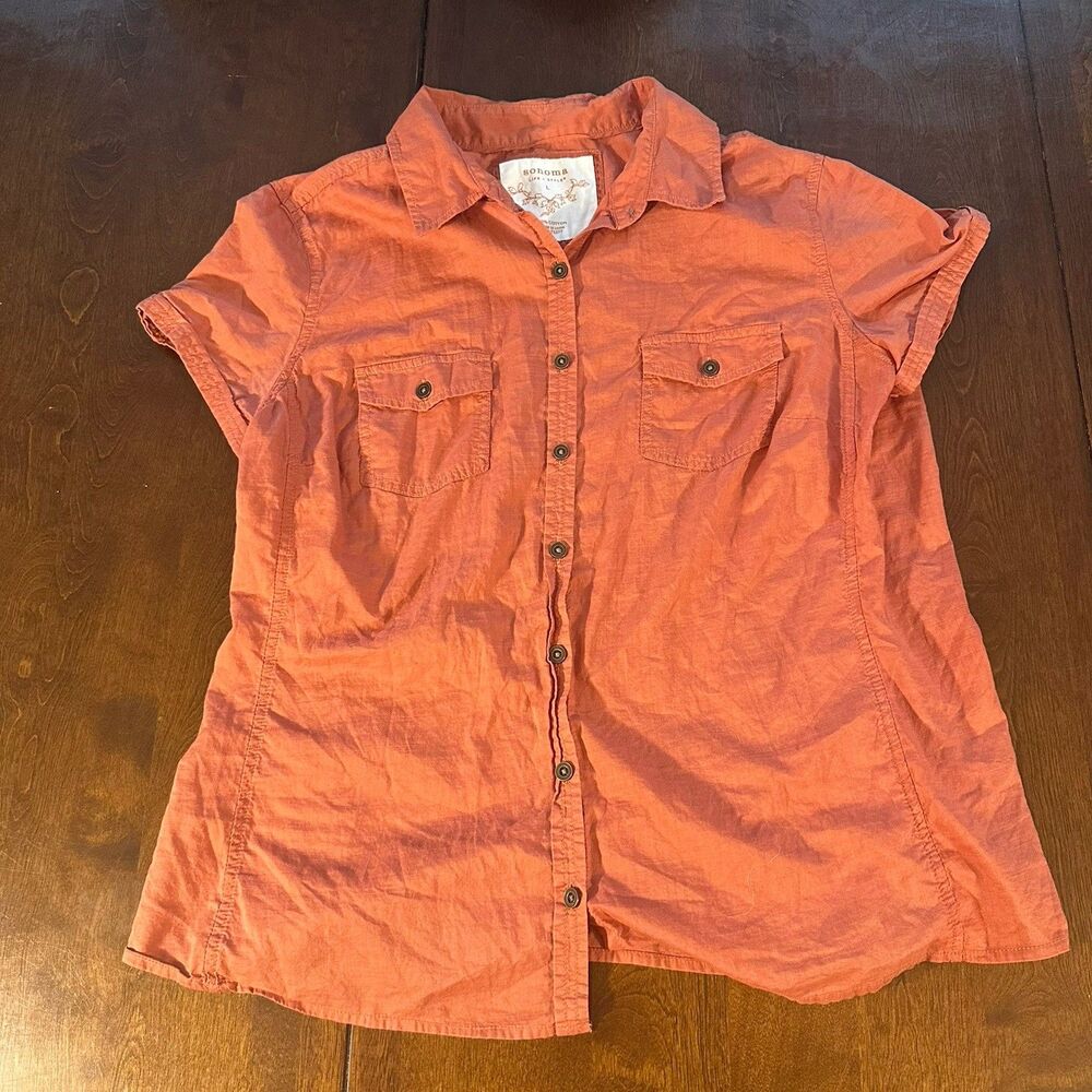 Sonoma Life+Style Women's Rust Short Sleeve Button-Down Shirt 100% Cotton Sz L